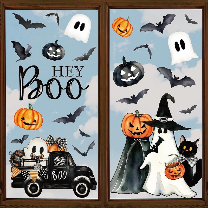 Whaline 6 Sheets Halloween Window Clings Vintage Hey Boo Ghost Evil Pumpkin Bat Reusable Window Decals for Spooky Holiday Haunted House Home Office School Glass Decor - Image 1